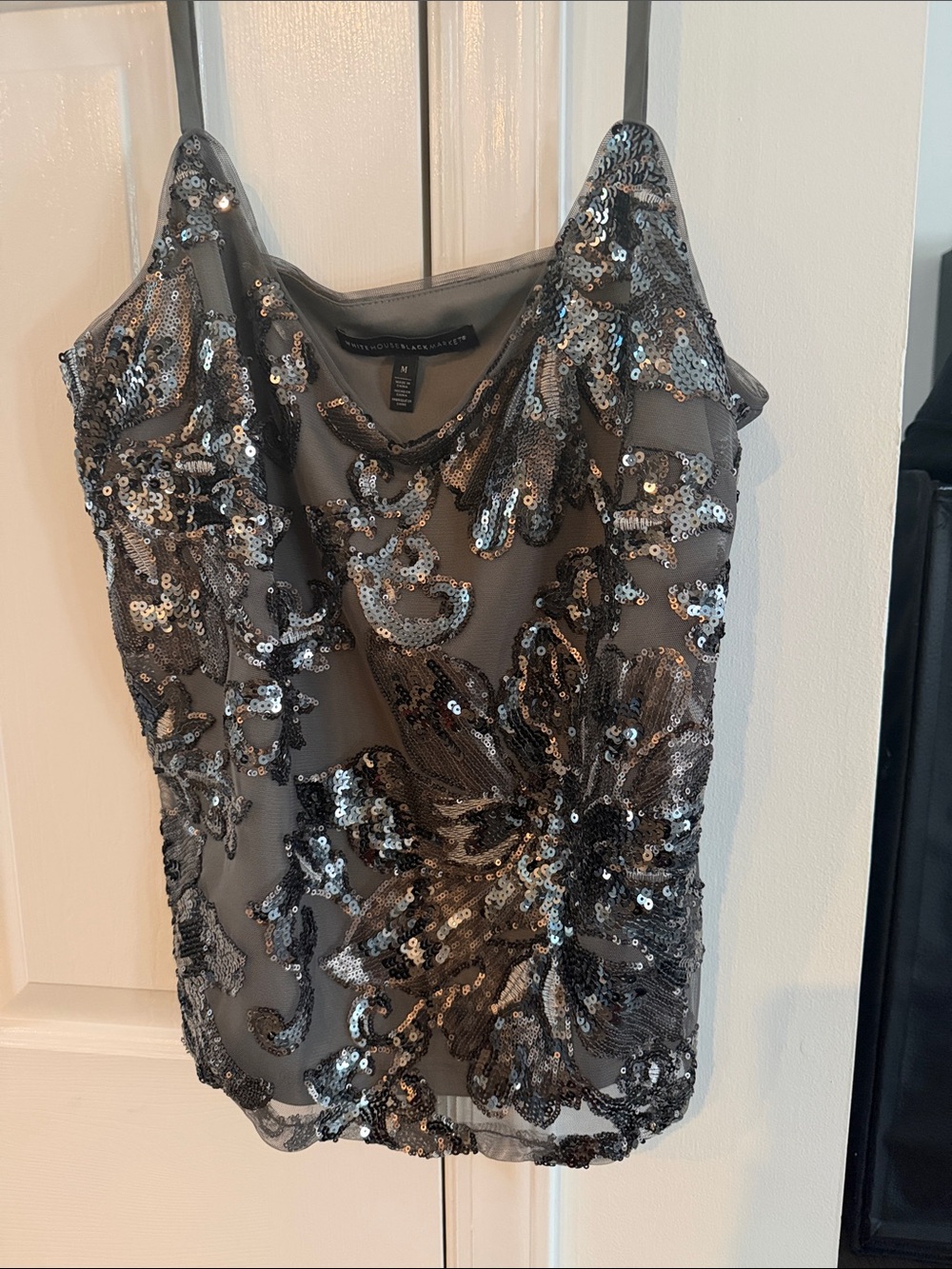 White House Black Market Charcoal Sequined Floral Camisole